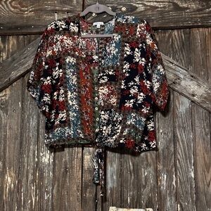 White Birch Multicolor Patchwork Tie-Front Blouse